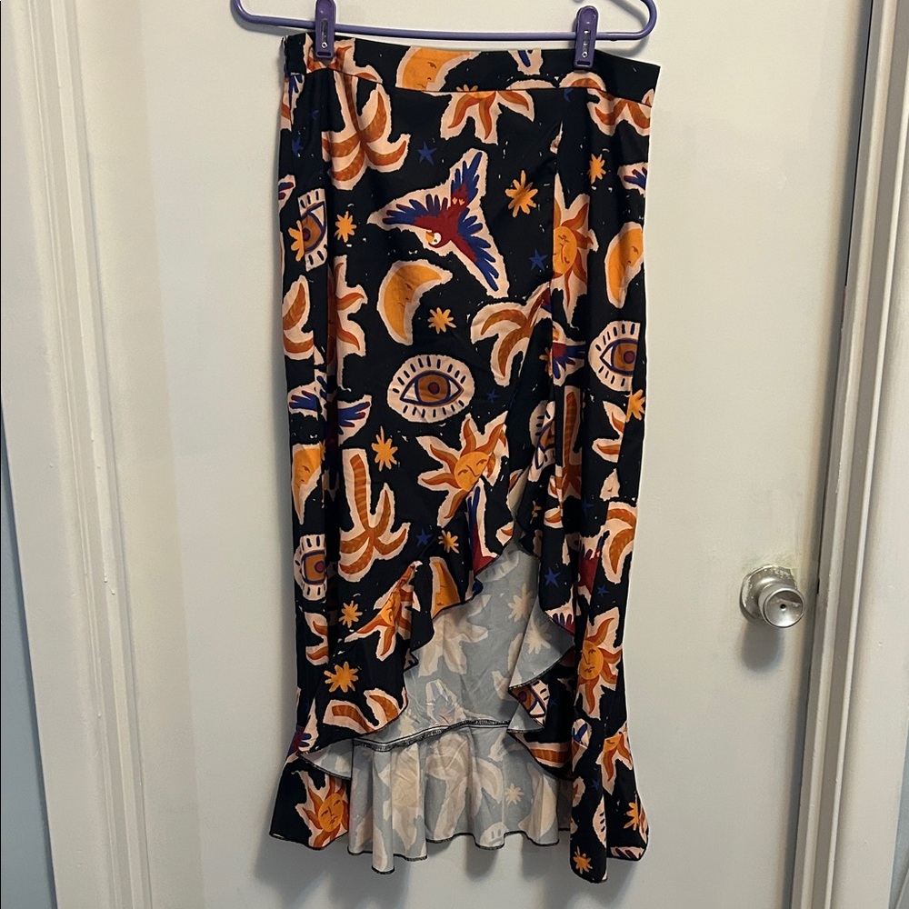 Women’s Black Floral & Celestial Ruffle Hem Skirt